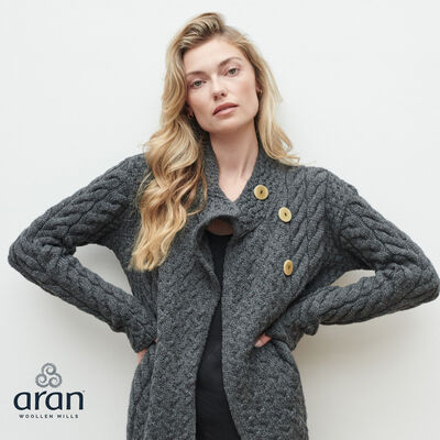 Aran Woollen Mills Ladies Luxury Merino Wool Trellis Multi Aran Cable Knit Cardigan, Charcoal
